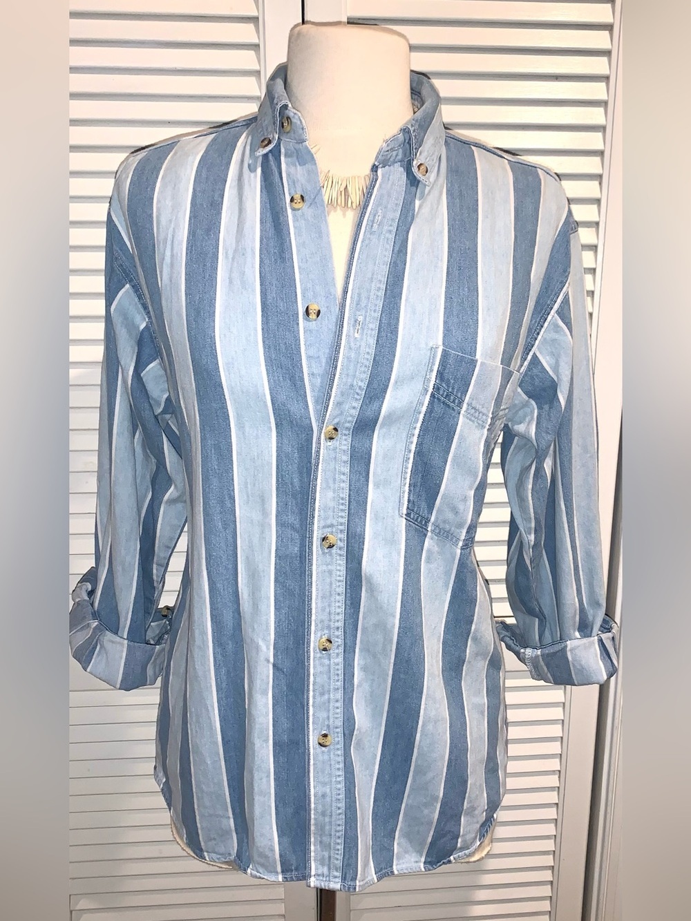 Vintage 90s Double Impact Striped Denim Button Down Shirt Large